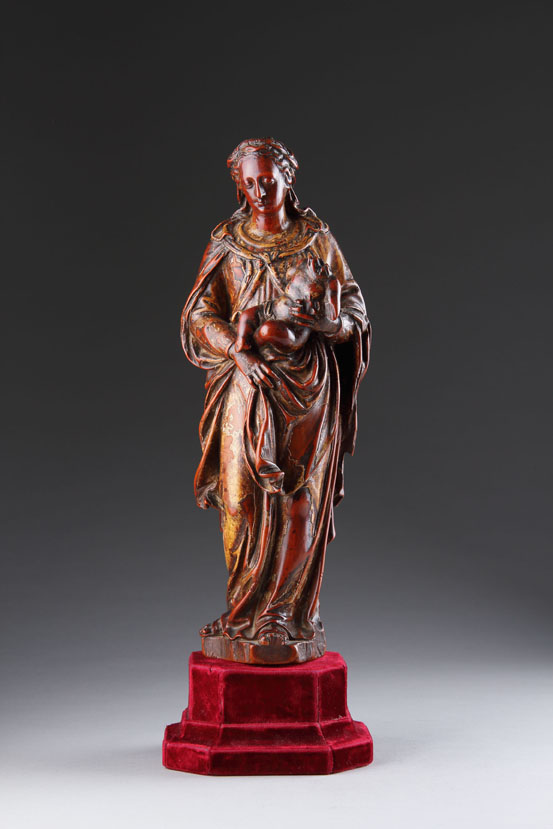 French Renaissance Carved and Stained Boxwood Devotional Figure of the Virgin and Christ Child 